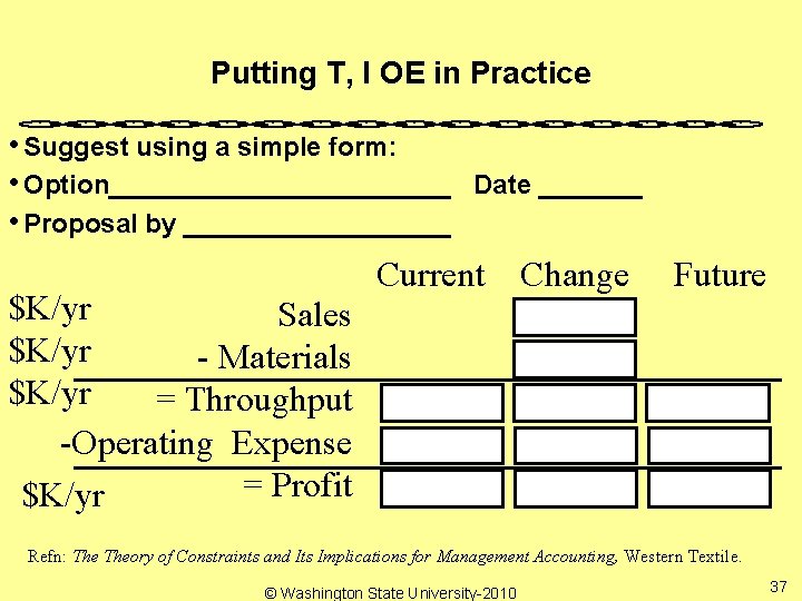 Putting T, I OE in Practice • Suggest using a simple form: • Option____________