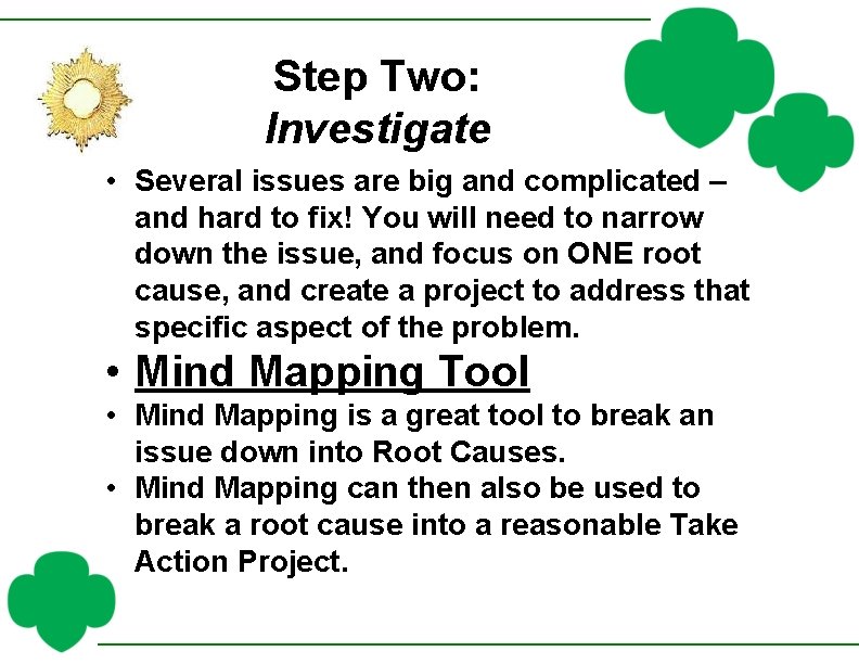 Step Two: Investigate • Several issues are big and complicated – and hard to