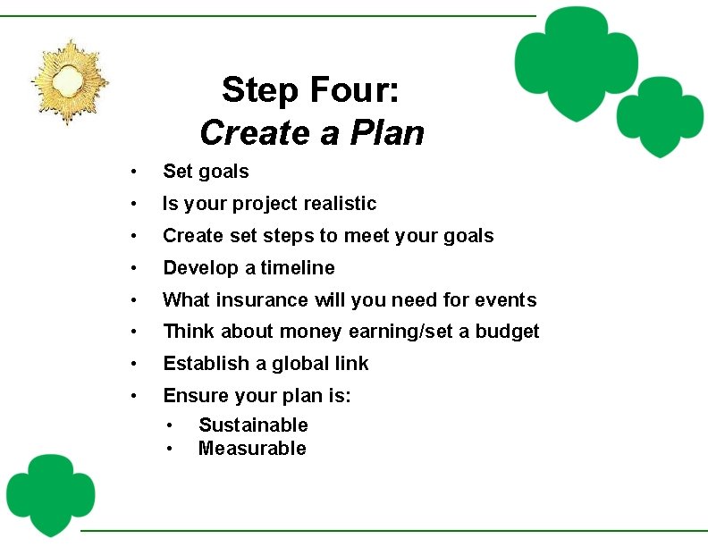 Step Four: Create a Plan • Set goals • Is your project realistic •