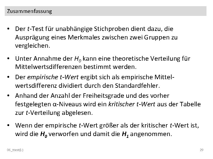 Zusammenfassung • Der t-Test für unabhängige Stichproben dient dazu, die Ausprägung eines Merkmales zwischen