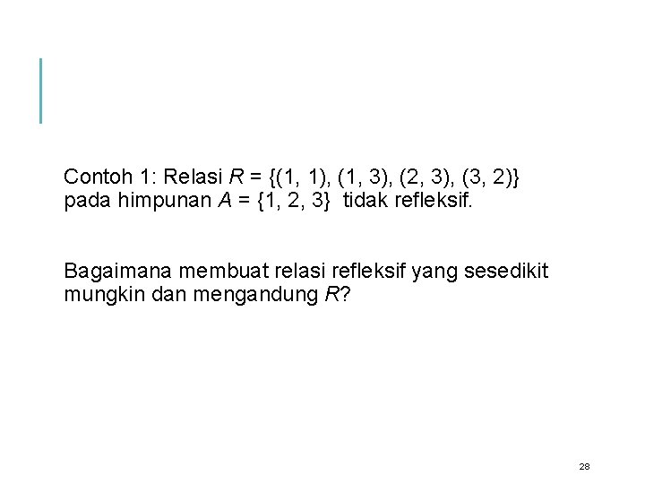  Contoh 1: Relasi R = {(1, 1), (1, 3), (2, 3), (3, 2)}