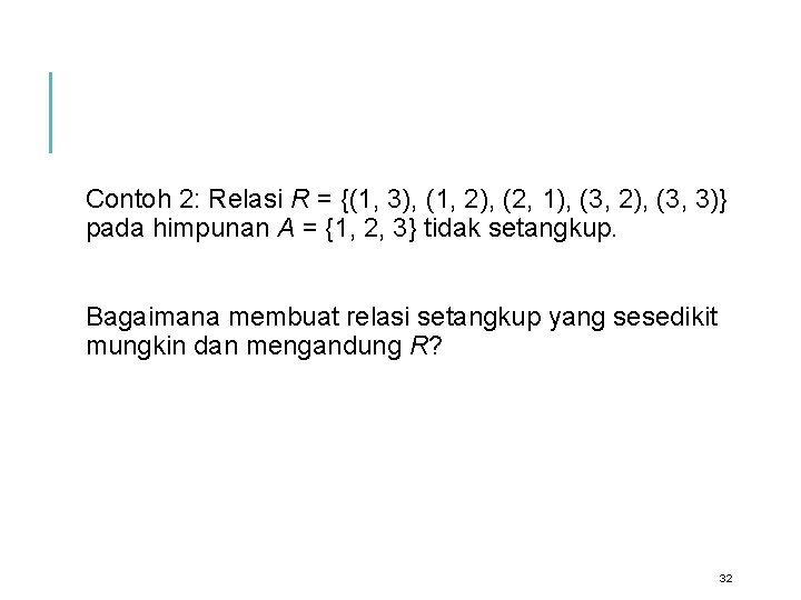  Contoh 2: Relasi R = {(1, 3), (1, 2), (2, 1), (3, 2),