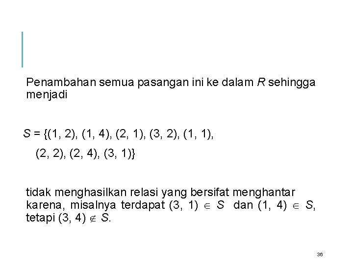  Penambahan semua pasangan ini ke dalam R sehingga menjadi S = {(1, 2),