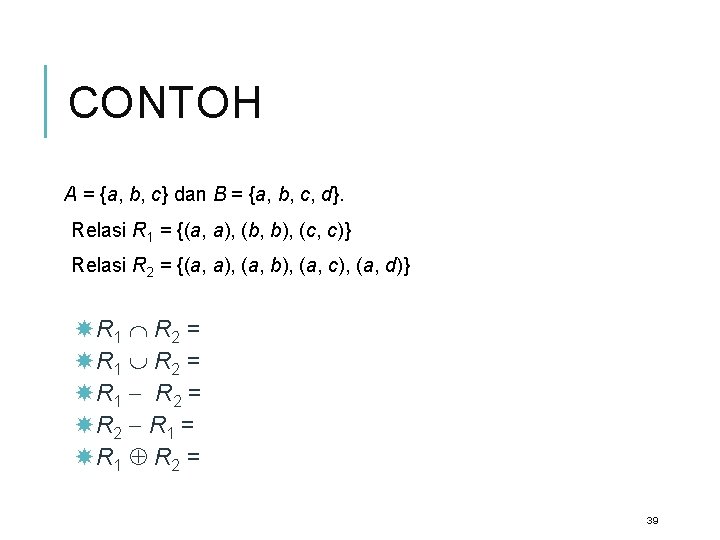 CONTOH A = {a, b, c} dan B = {a, b, c, d}. Relasi