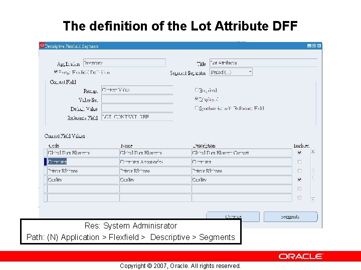 The definition of the Lot Attribute DFF Res: System Adminisrator Path: (N) Application >