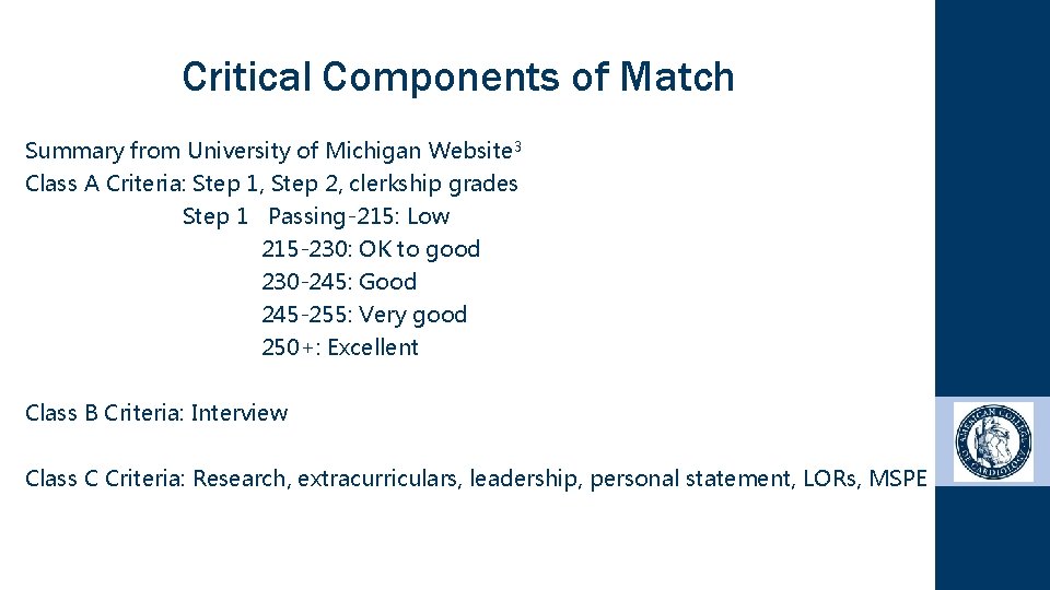 Critical Components of Match Summary from University of Michigan Website 3 Class A Criteria: