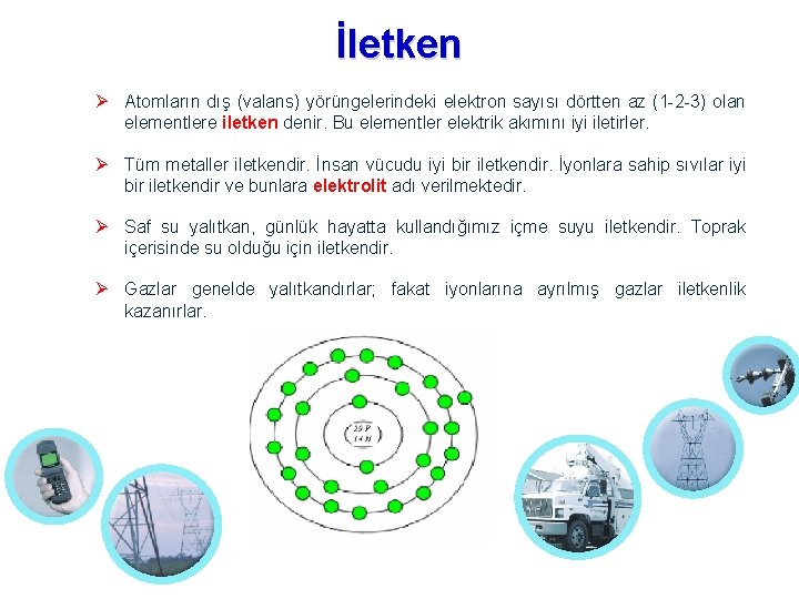 İletken Atomların dış (valans) yörüngelerindeki elektron sayısı dörtten az (1 -2 -3) olan elementlere