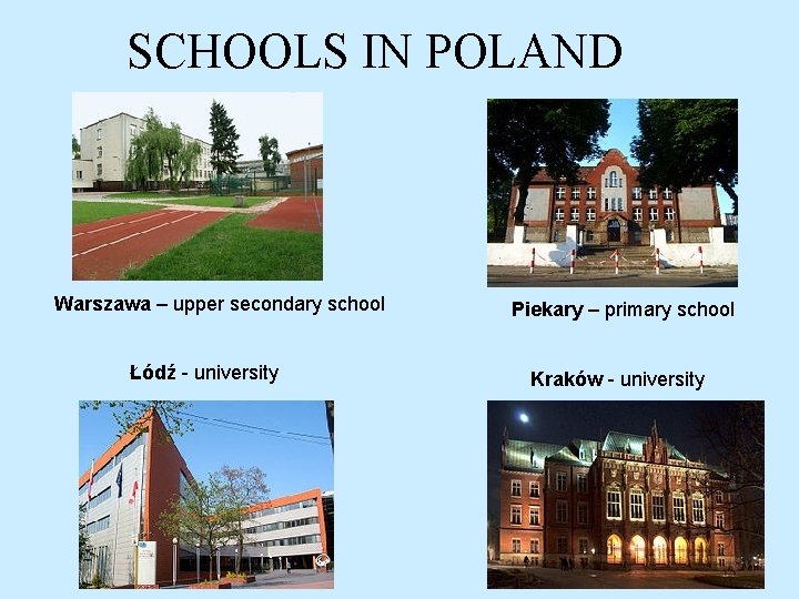 SCHOOLS IN POLAND Warszawa – upper secondary school Łódź - university Piekary – primary