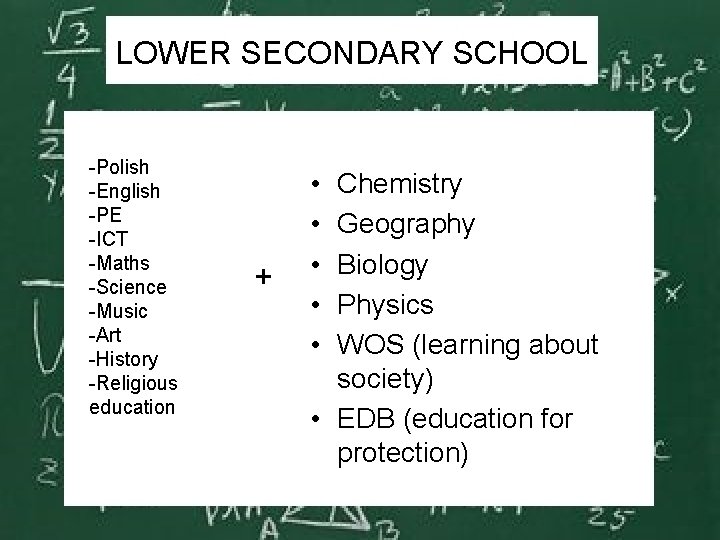 LOWER SECONDARY SCHOOL -Polish -English -PE -ICT -Maths -Science -Music -Art -History -Religious education
