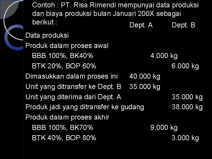 Contoh : PT. Risa Rimendi mempunyai data produksi dan biaya produksi bulan Januari 200