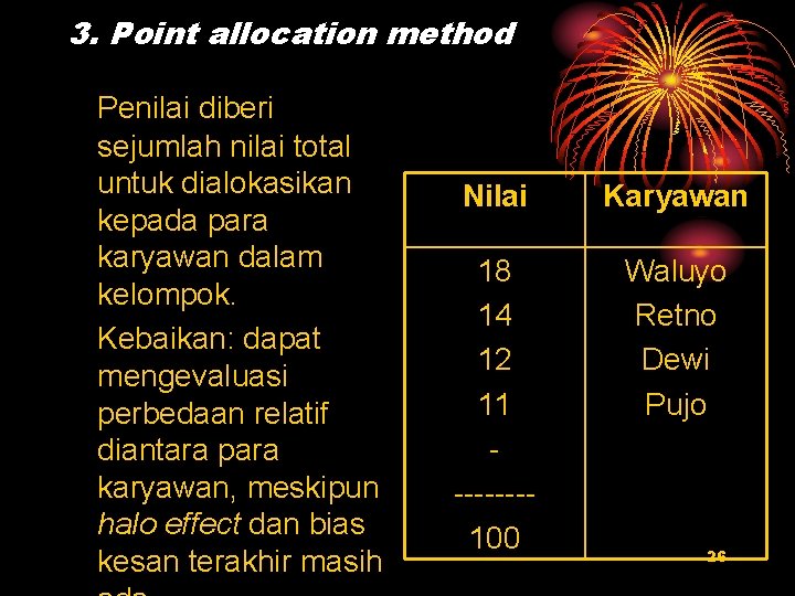 3. Point allocation method Penilai diberi sejumlah nilai total untuk dialokasikan kepada para karyawan