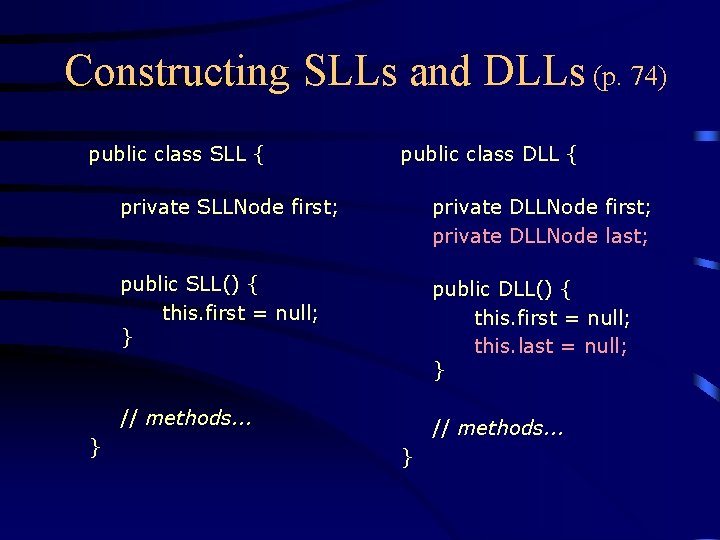 Constructing SLLs and DLLs (p. 74) public class SLL { } public class DLL