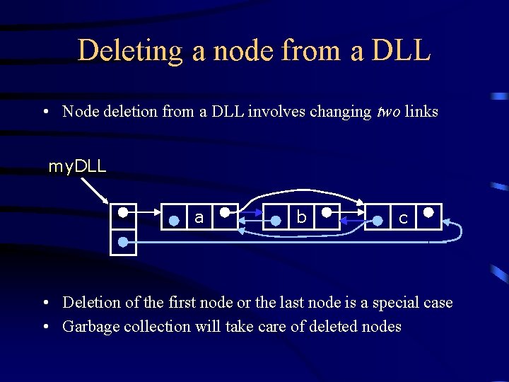 Deleting a node from a DLL • Node deletion from a DLL involves changing