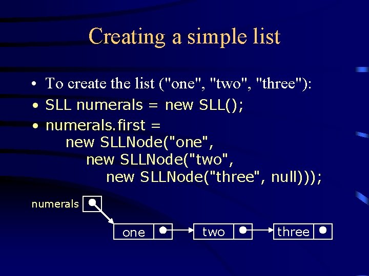 Creating a simple list • To create the list ("one", "two", "three"): • SLL