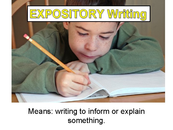 EXPOSITORY Writing Expository Writing Means: writing to inform or explain something. 