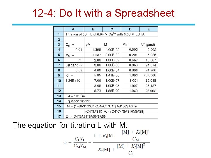 12 -4: Do It with a Spreadsheet The equation for titrating L with M: