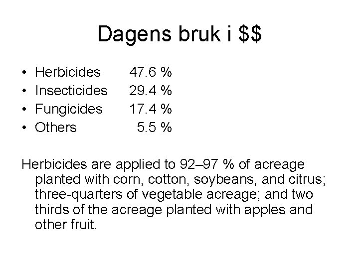 Dagens bruk i $$ • • Herbicides Insecticides Fungicides Others 47. 6 % 29.