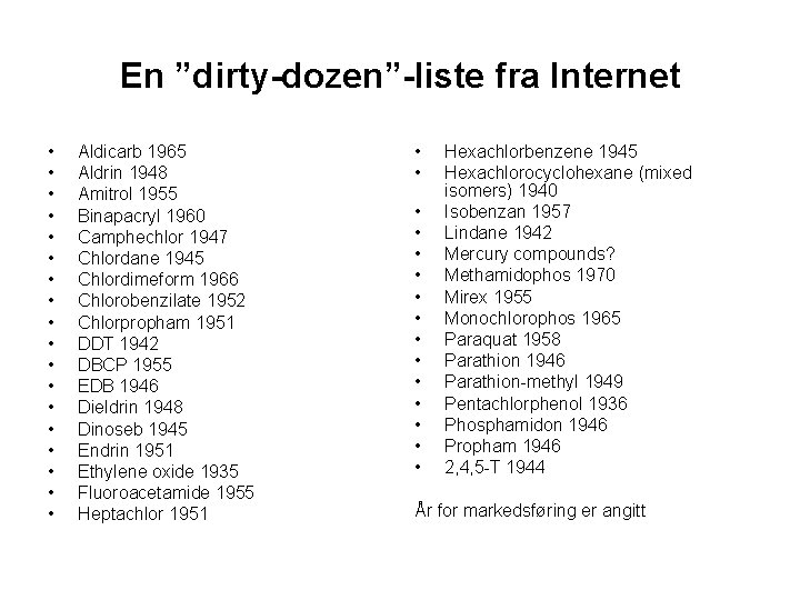 En ”dirty-dozen”-liste fra Internet • • • • • Aldicarb 1965 Aldrin 1948 Amitrol