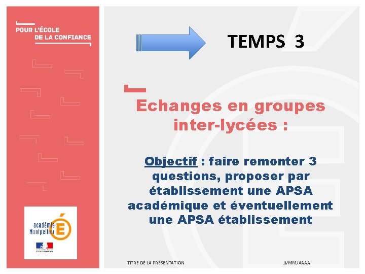 TEMPS 3 Echanges en groupes inter-lycées : Objectif : faire remonter 3 questions, proposer