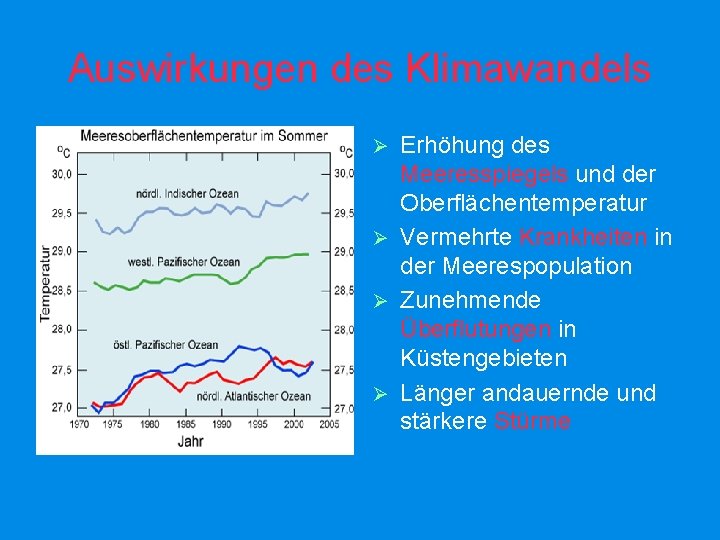 Auswirkungen des Klimawandels Erhöhung des Meeresspiegels und der Oberflächentemperatur Ø Vermehrte Krankheiten in der
