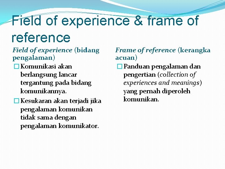 Field of experience & frame of reference Field of experience (bidang pengalaman) �Komunikasi akan