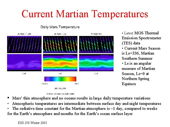 Current Martian Temperatures • Latest MGS Thermal Emission Spectrometer (TES) data • Current Mars