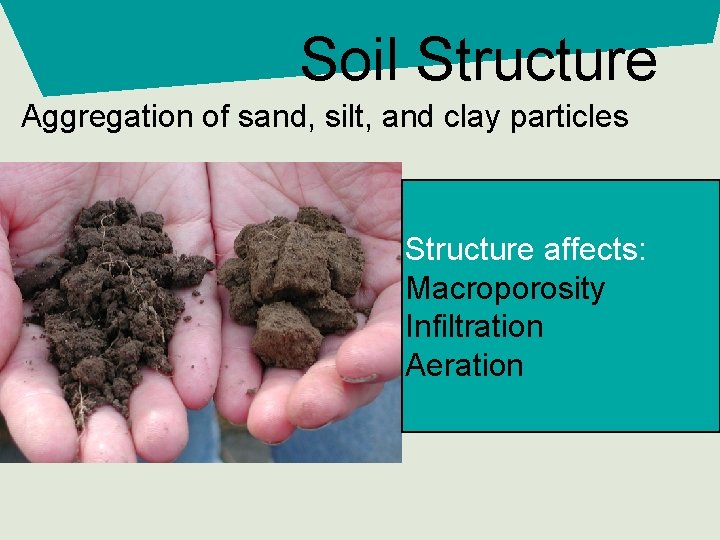 Soil Structure Aggregation of sand, silt, and clay particles Structure affects: Macroporosity Infiltration Aeration