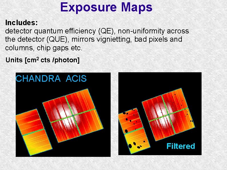 Exposure Maps Includes: detector quantum efficiency (QE), non-uniformity across the detector (QUE), mirrors vignietting,