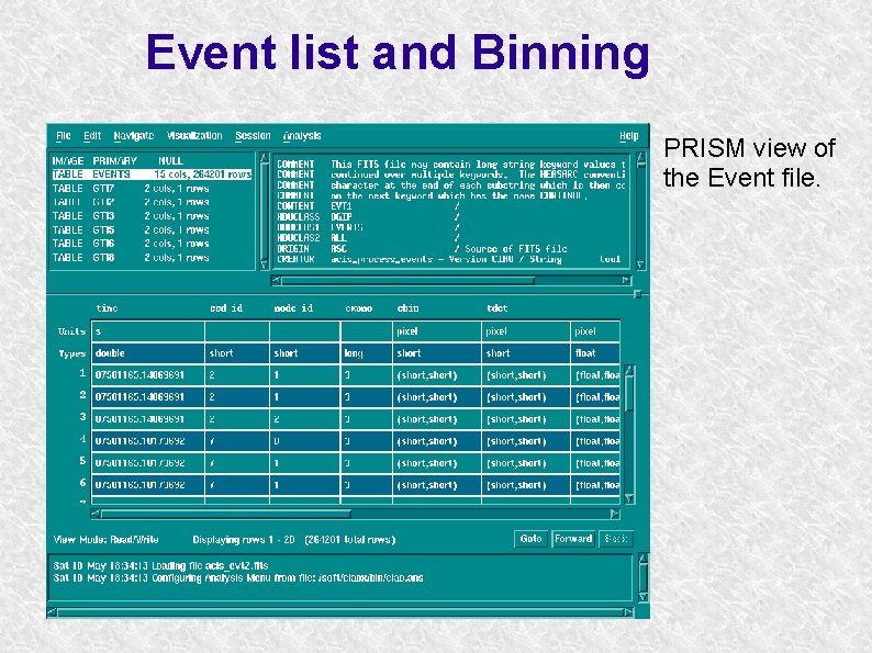 Event list and Binning PRISM view of the Event file. 