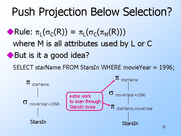 Push Projection Below Selection? u. Rule: L( C(R)) = L( C( M(R))) where M