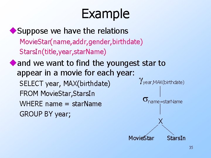 Example u. Suppose we have the relations Movie. Star(name, addr, gender, birthdate) Stars. In(title,