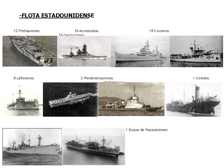 -FLOTA ESTADOUNIDENSE 12 Portaaviones: 9 cañoneros: 24 Cargueros: 16 Acorazados: 76 Destructores: 19 Cruceros: