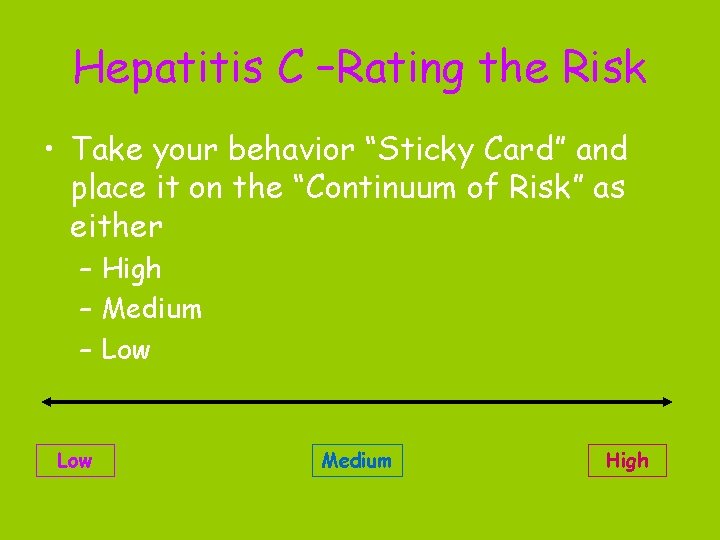 Hepatitis C –Rating the Risk • Take your behavior “Sticky Card” and place it