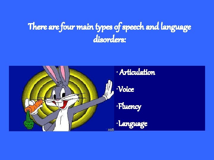 There are four main types of speech and language disorders: • Articulation • Voice