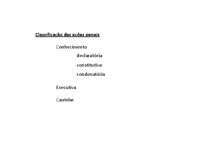 Classificação das ações penais Conhecimento declaratória constitutiva condenatória Executiva Cautelar 