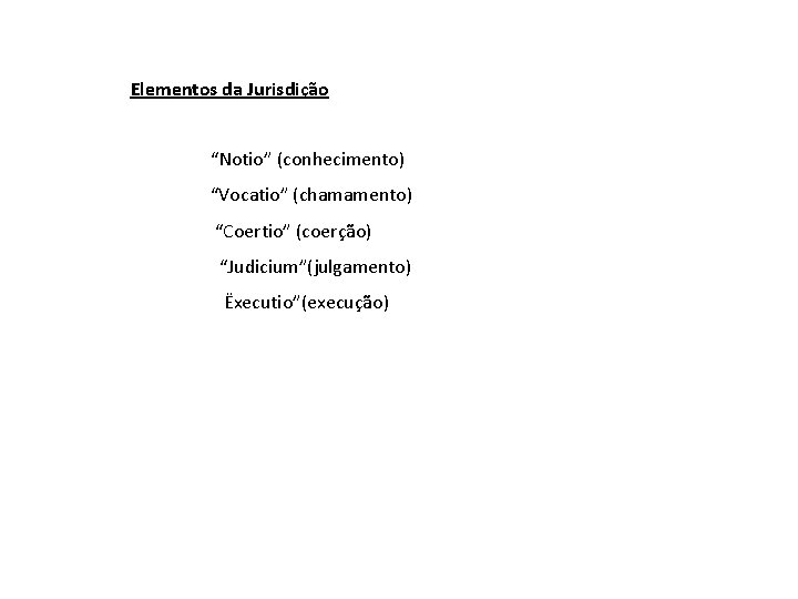 Elementos da Jurisdição “Notio” (conhecimento) “Vocatio” (chamamento) “Coertio” (coerção) “Judicium”(julgamento) Ëxecutio”(execução) 