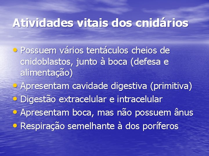 Atividades vitais dos cnidários • Possuem vários tentáculos cheios de cnidoblastos, junto à boca