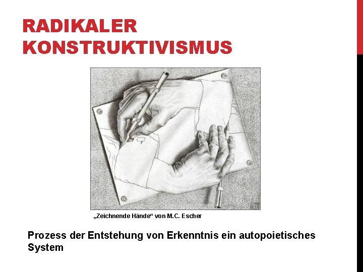 RADIKALER KONSTRUKTIVISMUS „Zeichnende Hände“ von M. C. Escher Prozess der Entstehung von Erkenntnis ein