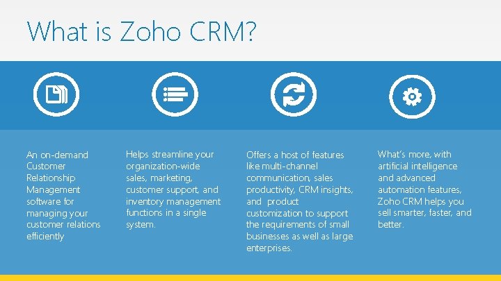 What is Zoho CRM? An on-demand Customer Relationship Management software for managing your customer What is Zoho CRM? An on-demand Customer Relationship Management software for managing your customer