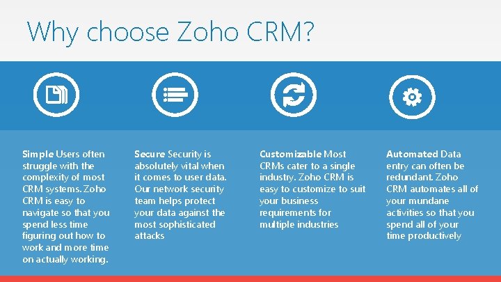 Why choose Zoho CRM? Simple Users often struggle with the complexity of most CRM Why choose Zoho CRM? Simple Users often struggle with the complexity of most CRM