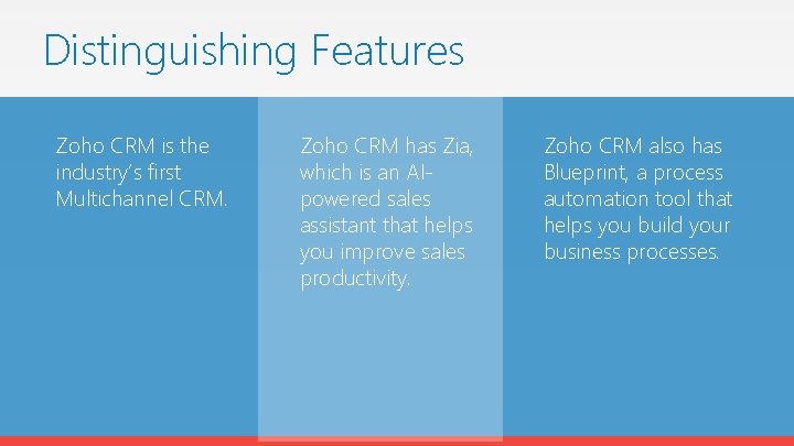 Distinguishing Features Zoho CRM is the industry’s first Multichannel CRM. Zoho CRM has Zia, Distinguishing Features Zoho CRM is the industry’s first Multichannel CRM. Zoho CRM has Zia,