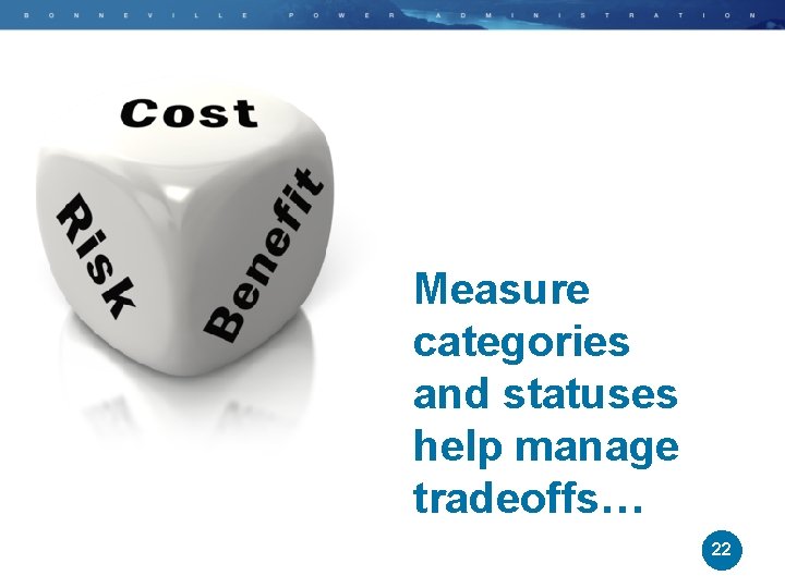 Measure categories and statuses help manage tradeoffs… 22 