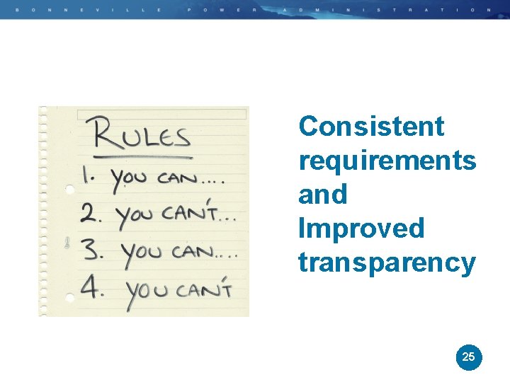 Consistent requirements and Improved transparency 25 