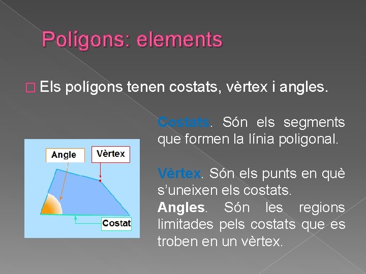Polígons: elements � Els polígons tenen costats, vèrtex i angles. Costats. Són els segments Polígons: elements � Els polígons tenen costats, vèrtex i angles. Costats. Són els segments