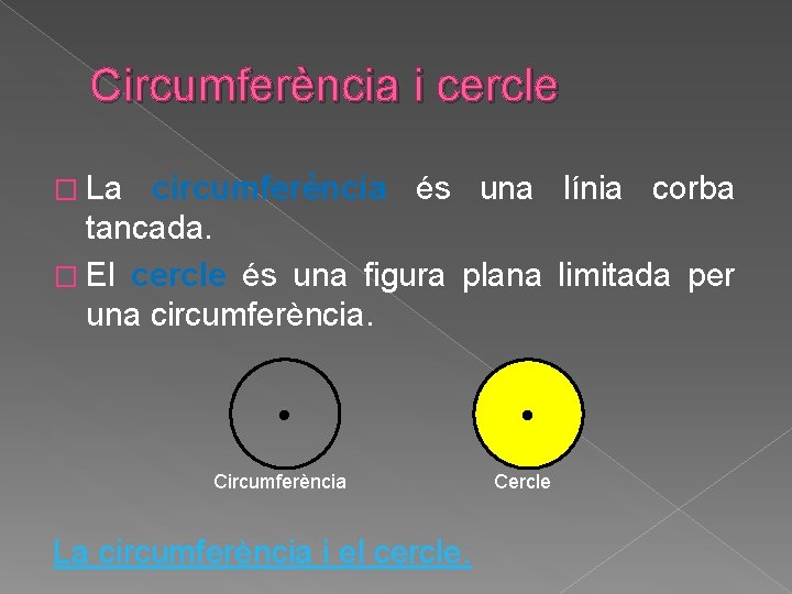 Circumferència i cercle � La circumferència és una línia corba tancada. � El cercle Circumferència i cercle � La circumferència és una línia corba tancada. � El cercle