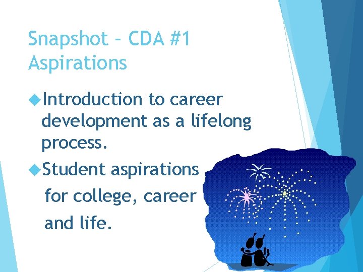 Snapshot – CDA #1 Aspirations Introduction to career development as a lifelong process. Student