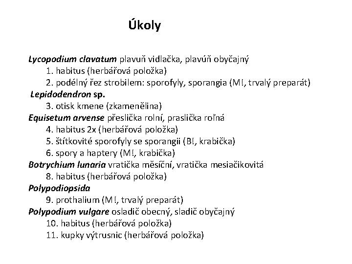 Úkoly Lycopodium clavatum plavuň vidlačka, plavúň obyčajný 1. habitus (herbářová položka) 2. podélný řez