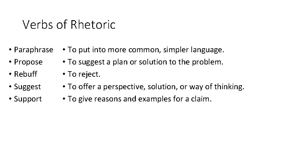 Verbs of Rhetoric • Paraphrase • Propose • Rebuff • Suggest • Support •