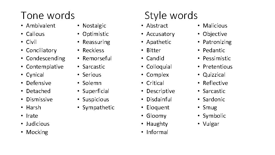 Tone words • • • • Ambivalent Callous Civil Conciliatory Condescending Contemplative Cynical Defensive