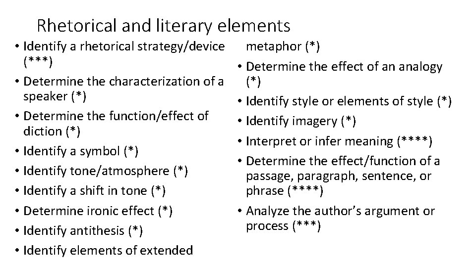 Rhetorical and literary elements • Identify a rhetorical strategy/device (***) • Determine the characterization